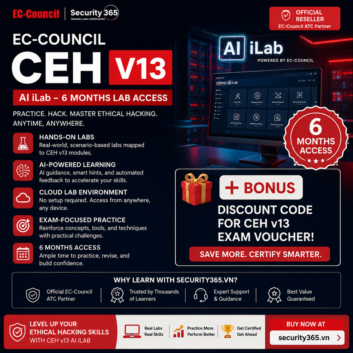 EC-Council CEH v13 AI iLab (6 tháng) — Lab chính hãng + tặng mã giảm 10% exam voucher